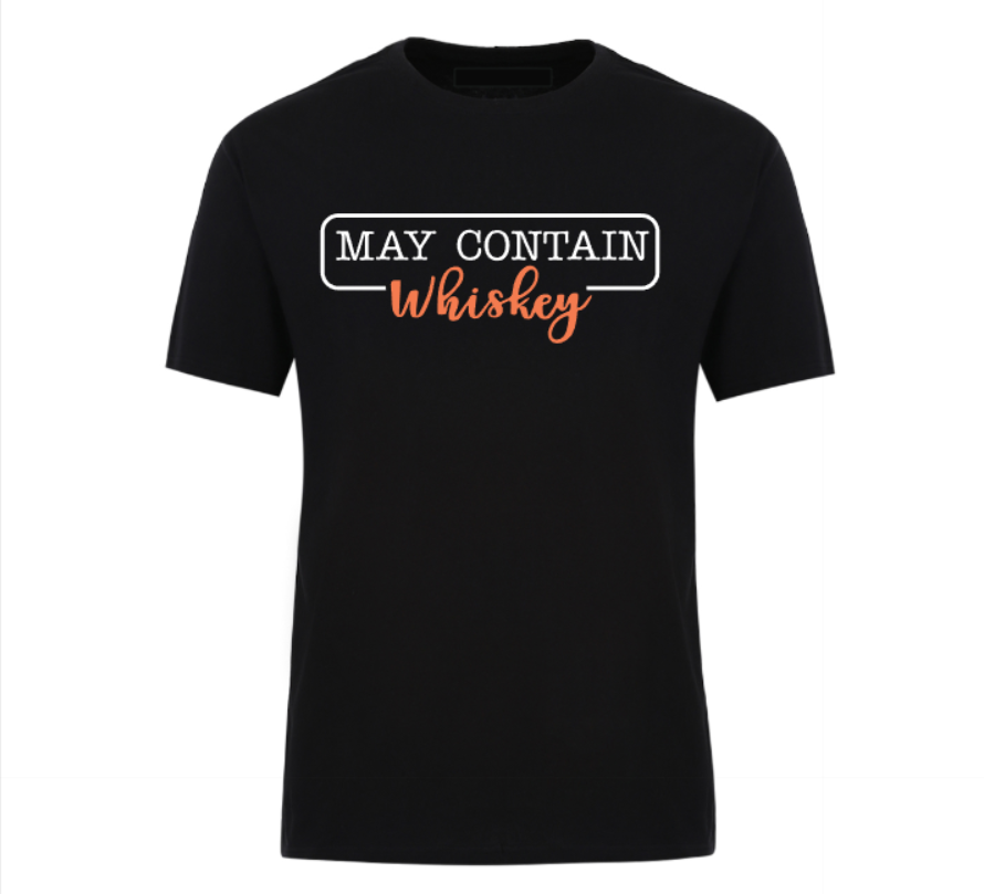Black unisex t-shirt with bold text that says “May Contain Whiskey” in black and orange – perfect for whiskey lovers, parties, and weekend vibes.