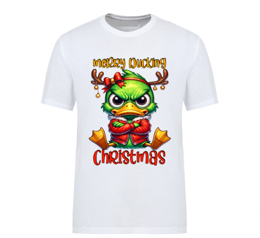 Unisex white t-shirt with “Merry Ducking Christmas” text and a grumpy cartoon duck wearing a Santa hat, designed for those who love sarcastic holiday humor.