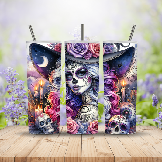 Three-panel artwork of a colorful witch with floral and skull designs on a wooden surface with a blurred floral background.