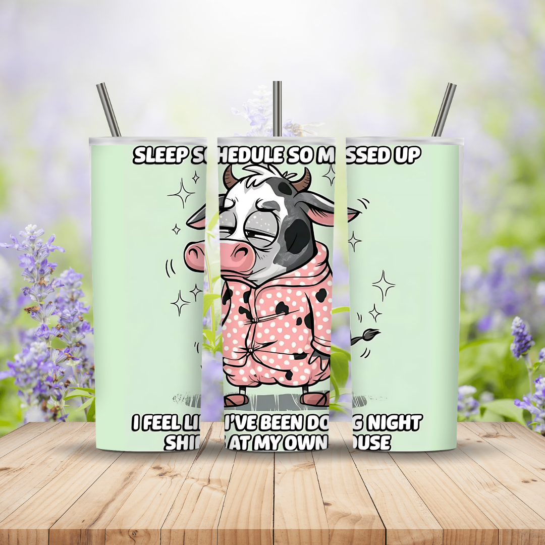 Three tumblers with a cow in pajamas design on a wooden surface with a blurred floral background.