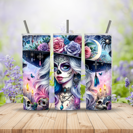 Three vertical panels with a colorful design featuring a face with blue hair and colorful roses on a wooden surface with flowers in the background.
