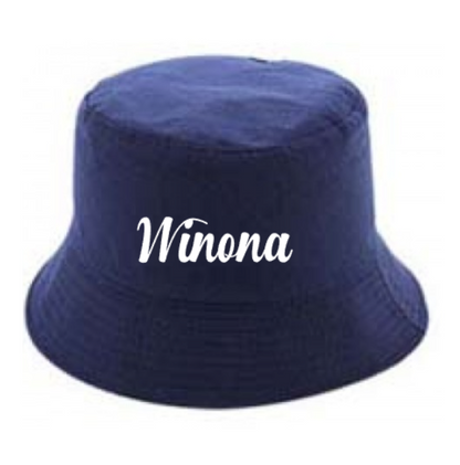 Navy blue bucket hat with 'Name' text on a white background