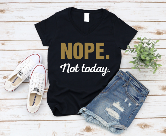Black t-shirt with 'NOPE. Not today.' text, paired with denim shorts and white sneakers on a wooden surface. www.missmafia.com