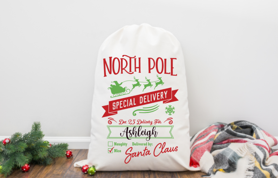 Personalized Santa sack with 'North Pole Special Delivery' text on a white background