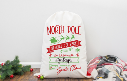 Personalized Santa sack with 'North Pole Special Delivery' text on a white background