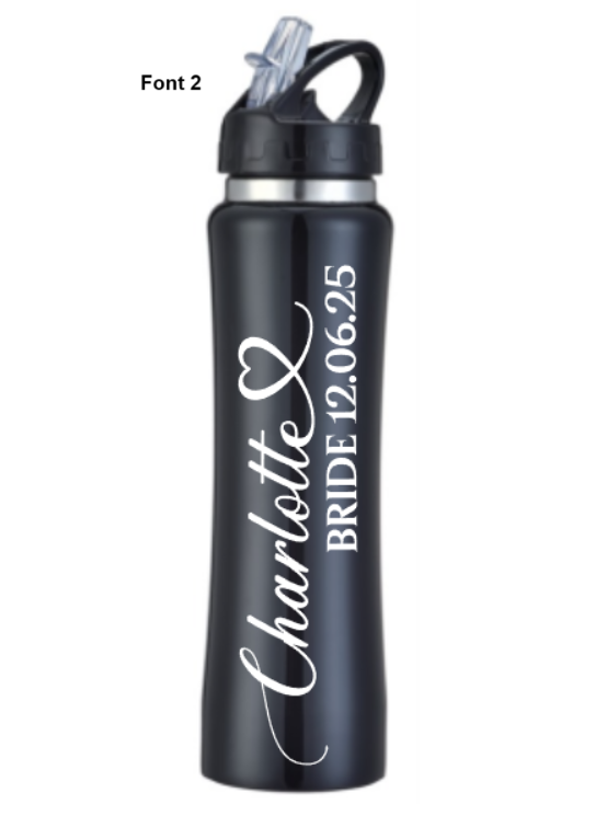 Black water bottle with white text on a white background