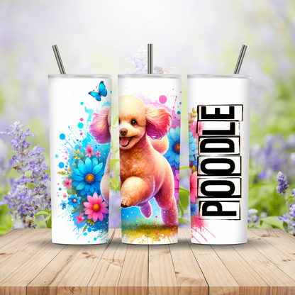 Three tumblers with colourful designs featuring a poodle, flowers, and the word 'POODLE'. Miss Mafia