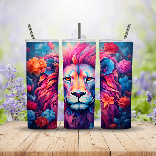 Three colorful tumblers with lion designs on a wooden surface with a floral background