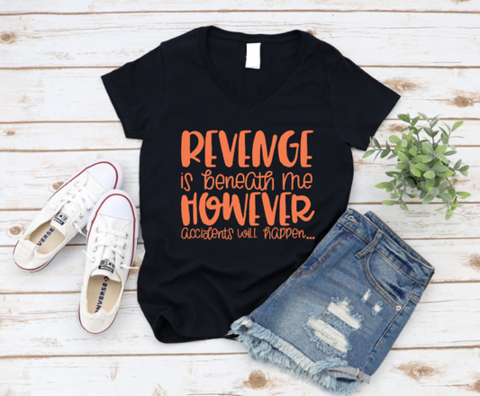 Black t-shirt with orange text, white sneakers, and denim shorts on a wooden surface. www.missmafia.com