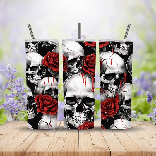 Three vertical panels with skull and rose design on a wooden surface with floral background