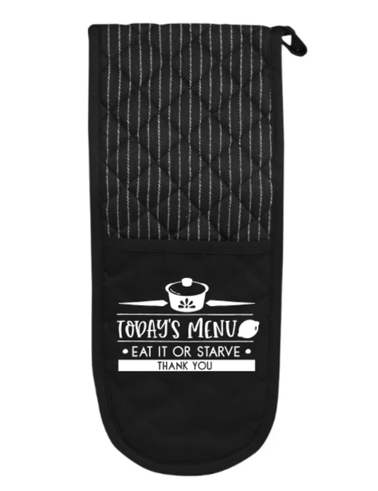 Black oven mitt with white text and design on a white background