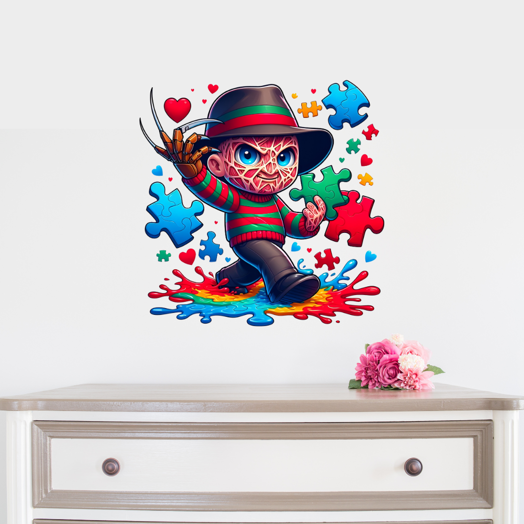 Wall Decal on a wall and a bench underneath the decal