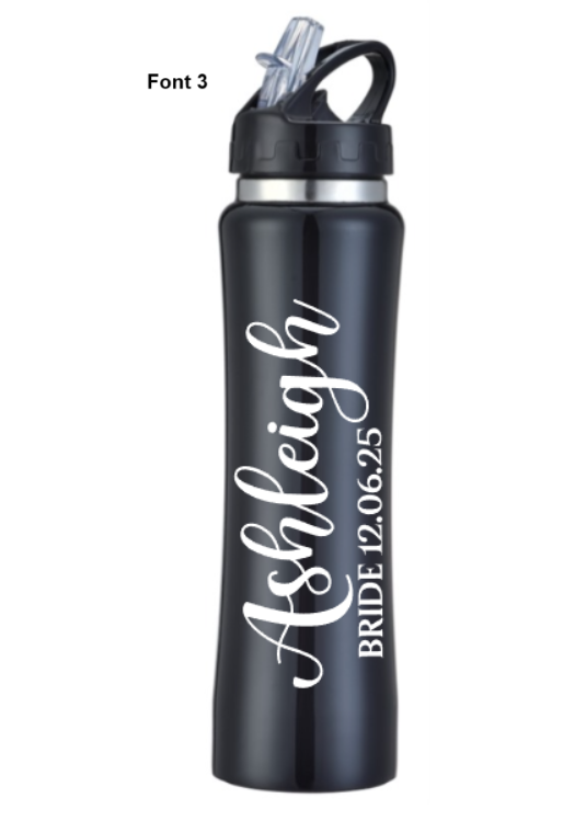 Black water bottle with white text 'Ashleigh Bride 12.06.25' on a white background