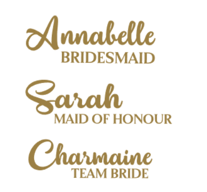 Gold text on a white background indicating roles in a bridal party.