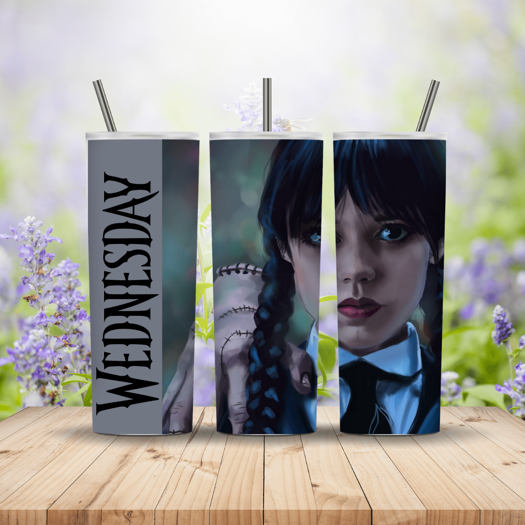 Three tumblers with 'Wednesday' design on a wooden surface with a floral background Miss Mafia