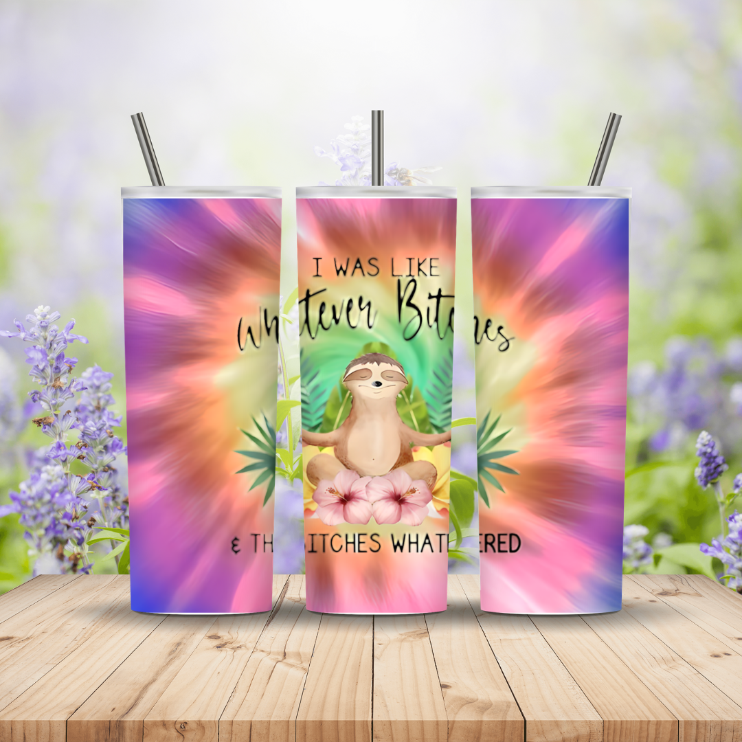 Three colorful tumblers with a sloth design and text on a wooden surface with a floral background.