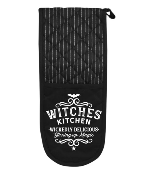 Black oven mitt with white text on a white background