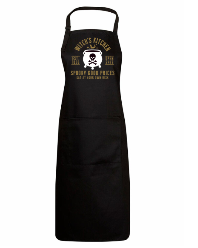 Black apron with graphic design and text on a white background