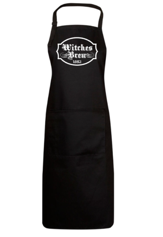 Black apron with 'Witches Brew 1892' text on a white background