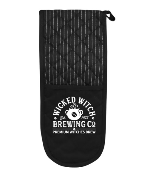 Black oven mitt with white text on a white background