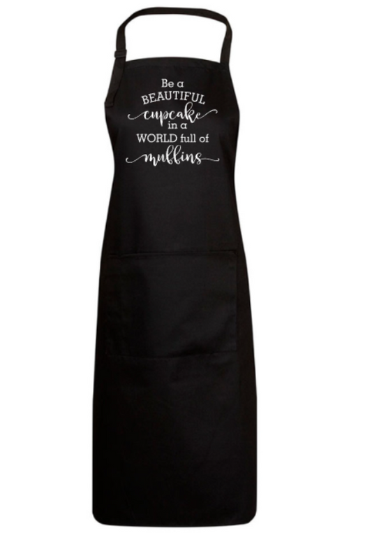 Black apron with white text on a white background