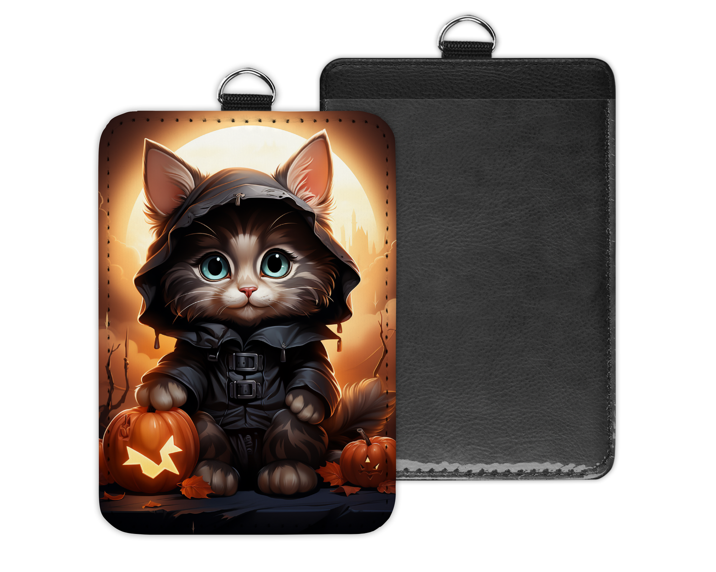 Halloween-themed pouch with a cat in a costume and pumpkin, showing front and back views.