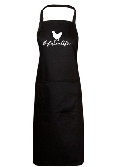 Black apron with '#farmlife' and a chicken graphic on a white background
