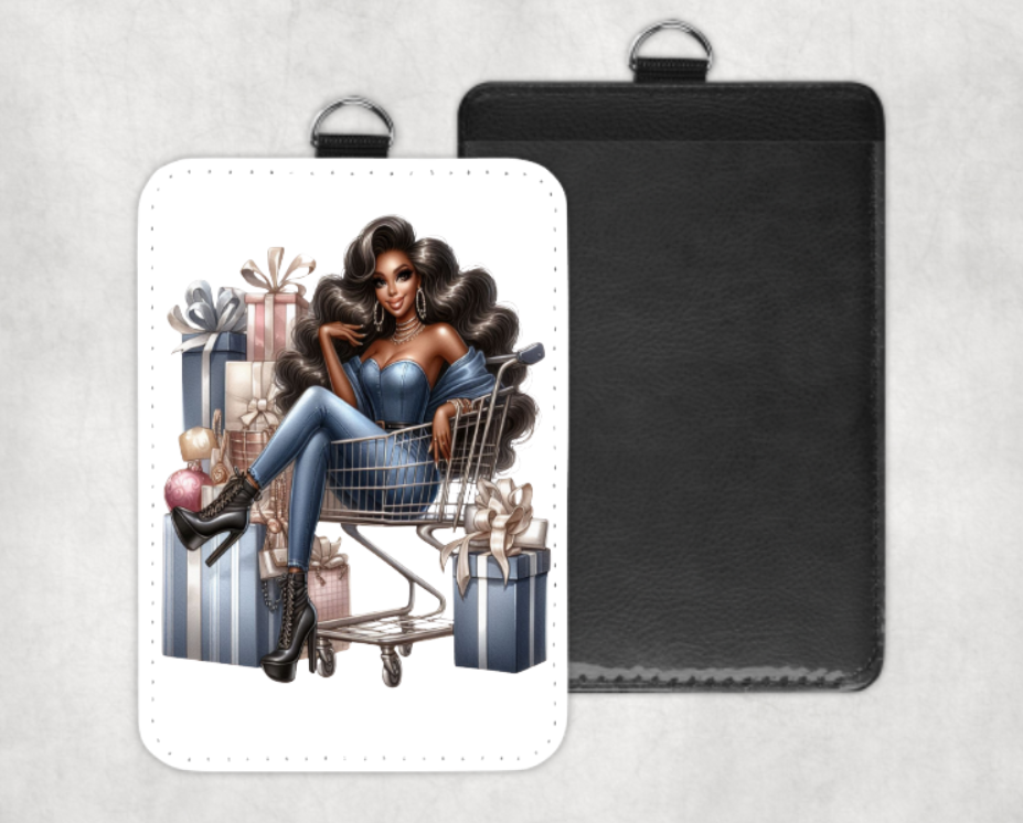 Luggage tag with a design of a woman sitting in a shopping cart surrounded by gifts, on a white background. Miss Mafia