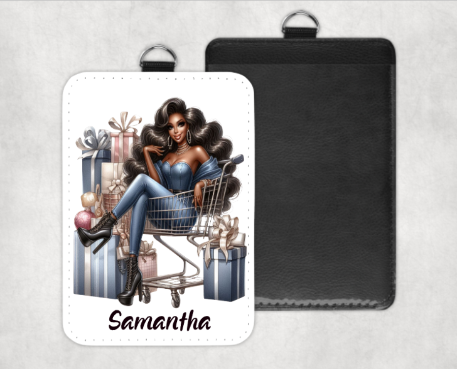 Fashion girl sitting in a shopping cart surrounded by gift boxes, wearing a denim outfit and high-heel boots, with the name “Samantha” printed below. Miss Mafia