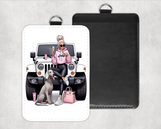 Luggage tag with a design of a woman, dog, and Jeep on a white background.  Miss Mafia