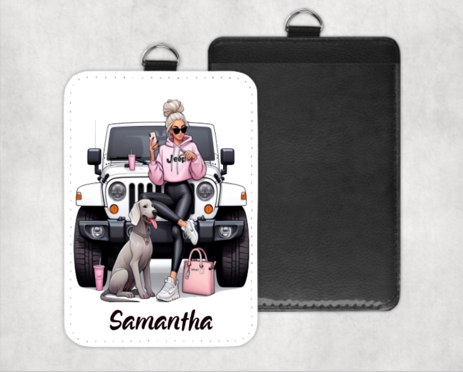 Personalized luggage tag with a cartoon design of a woman, dog, and Jeep, featuring the name 'Samantha'. Miss Mafia