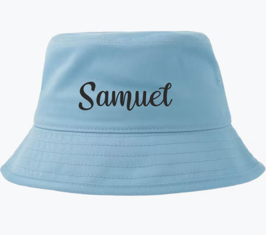 Light Blue bucket hat with a printed on the front, showcasing a personalized accessory style