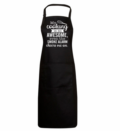 Black apron with humorous text design on a white background