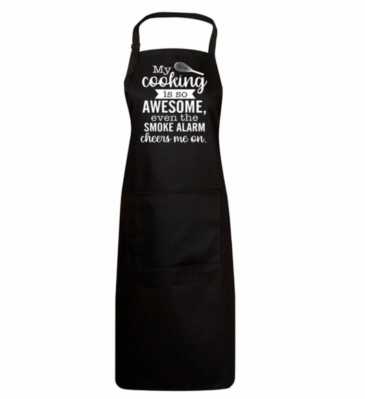 Black apron with humorous text design on a white background