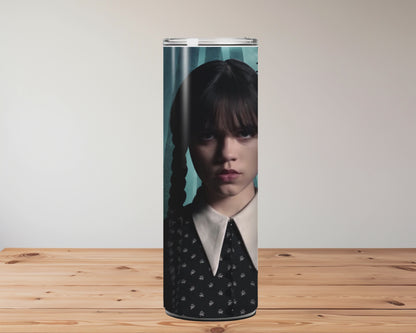 Tumbler with a design of a character from a movie or TV show on a wooden surface Miss Mafia