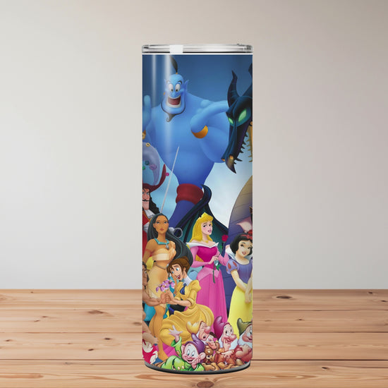 20oz stainless steel tumbler featuring a vibrant collage of animated fairytale characters including princesses, magical creatures, and classic animals on a deep blue background, surrounded by colourful details and whimsical energy. Miss Mafia