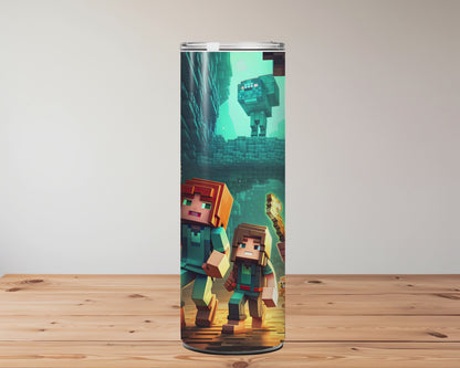 Tumbler with Minecraft-themed designs on a wooden surface Miss Mafia
