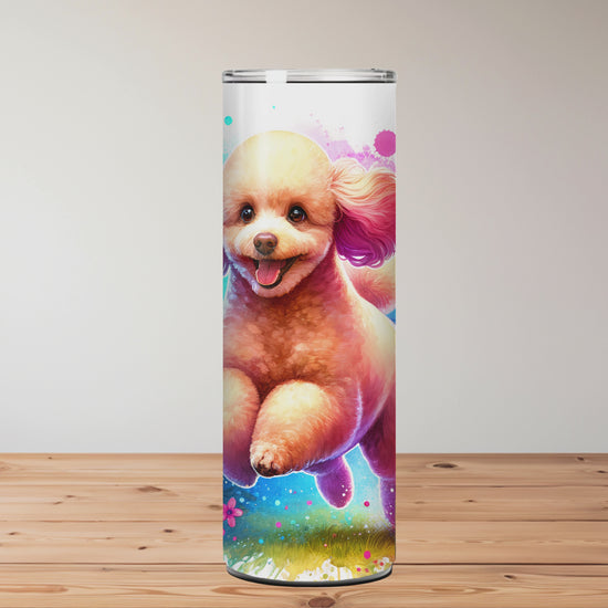 Tumbler with colourful designs featuring a poodle, flowers, and the word 'POODLE'. Miss Mafia