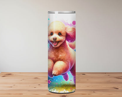 Tumbler with colourful designs featuring a poodle, flowers, and the word 'POODLE'. Miss Mafia