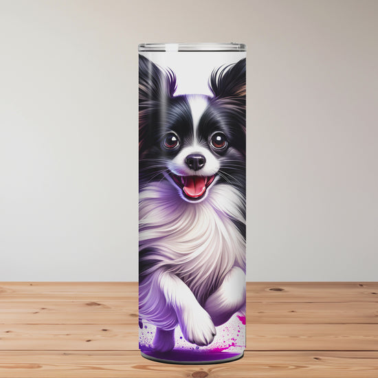 Tumbler with a Papillon dog design on a wooden surface Miss Mafia