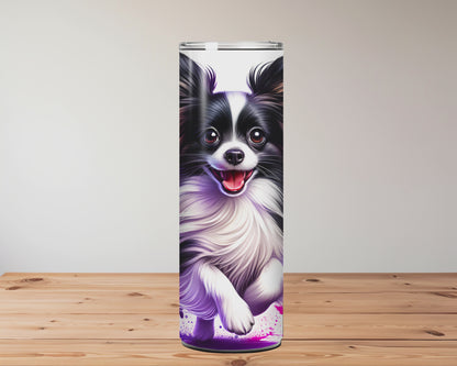 Tumbler with a Papillon dog design on a wooden surface Miss Mafia