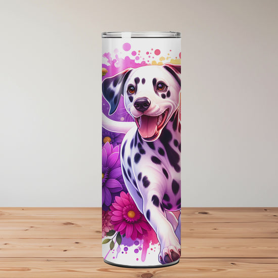 Tumbler with floral and Dalmatian designs on a wooden surface. Miss Mafia
