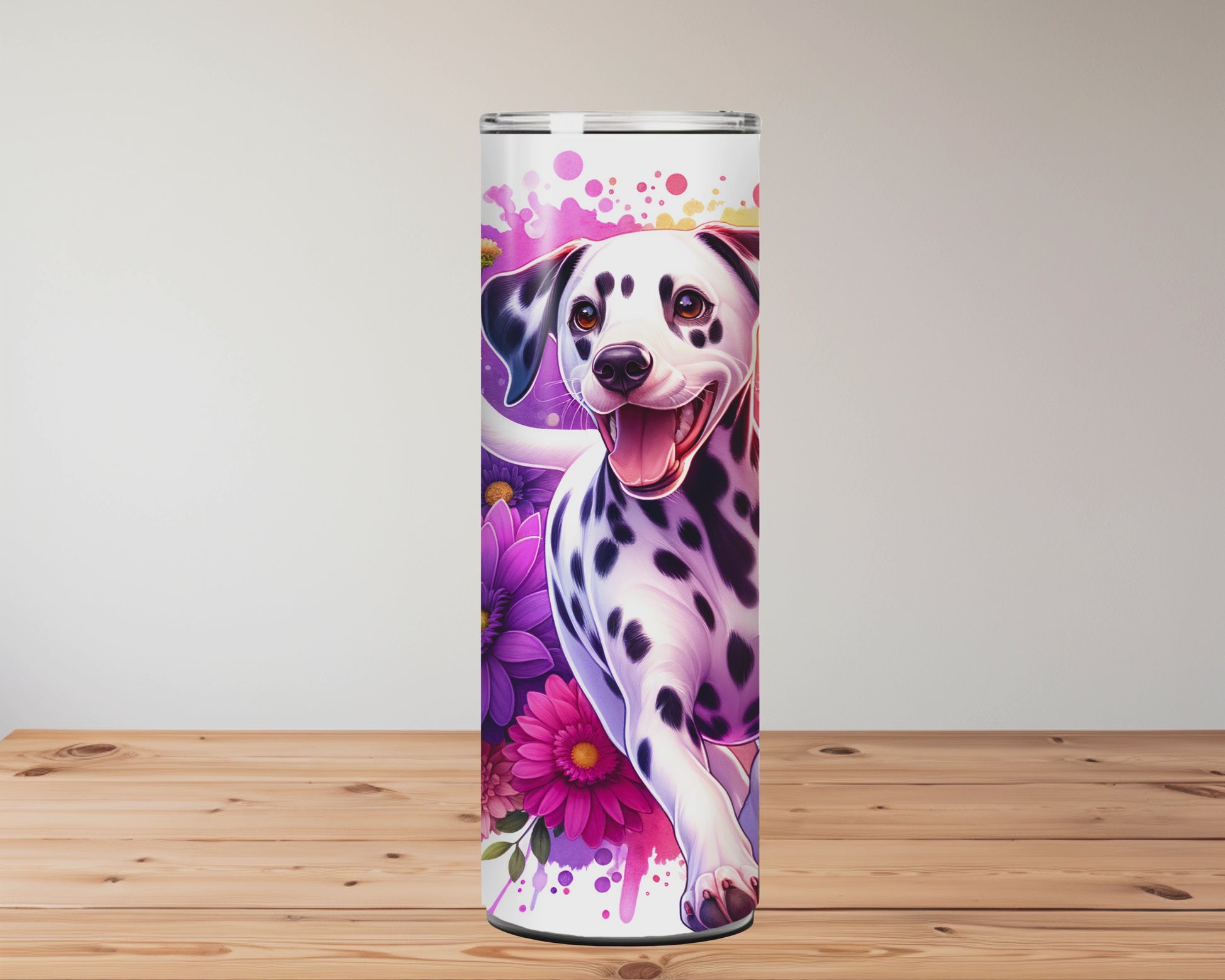 Tumbler with floral and Dalmatian designs on a wooden surface. Miss Mafia