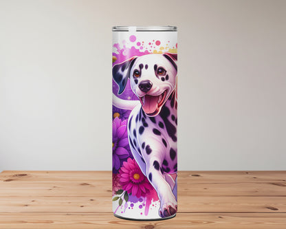 Tumbler with floral and Dalmatian designs on a wooden surface. Miss Mafia