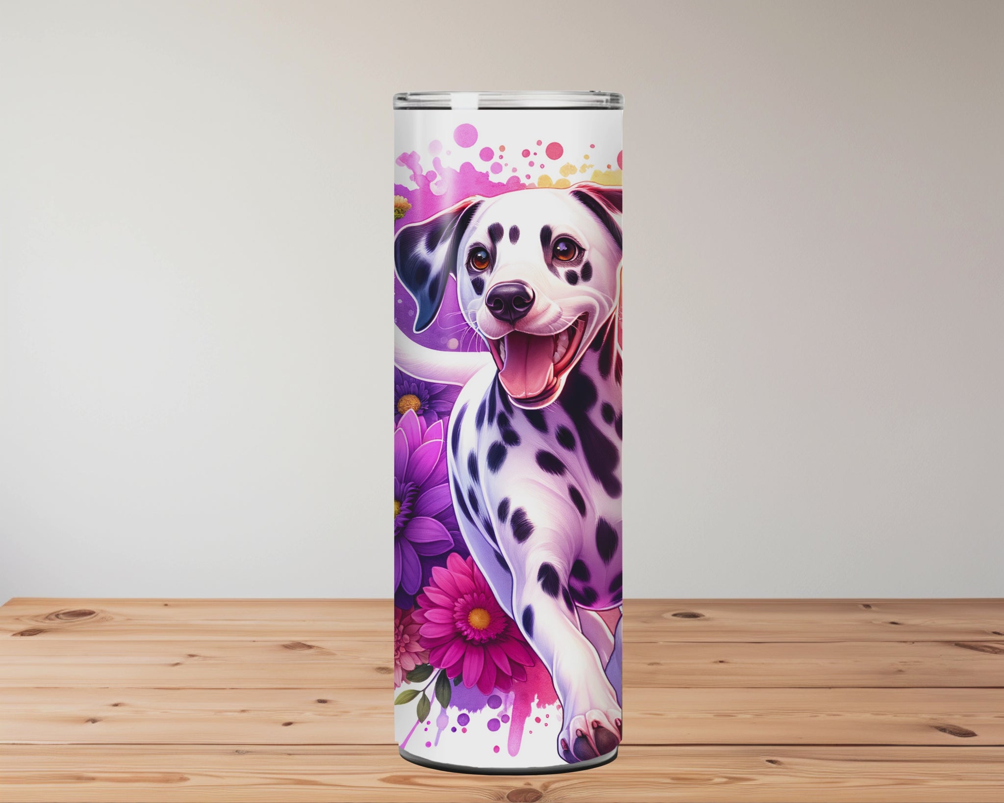 Tumbler with floral and Dalmatian designs on a wooden surface. Miss Mafia