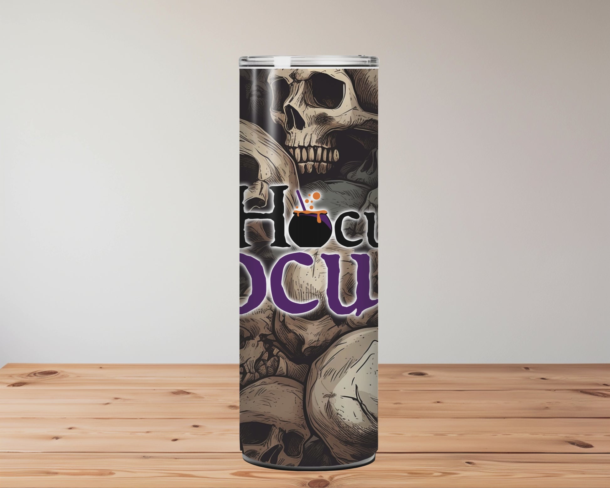 Skull-themed product with 'Hocus Pocus' text on a wooden surface background Miss Mafia