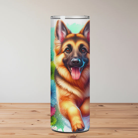 Tumbler with a German Shepherd design on a wooden surface Miss Mafia 