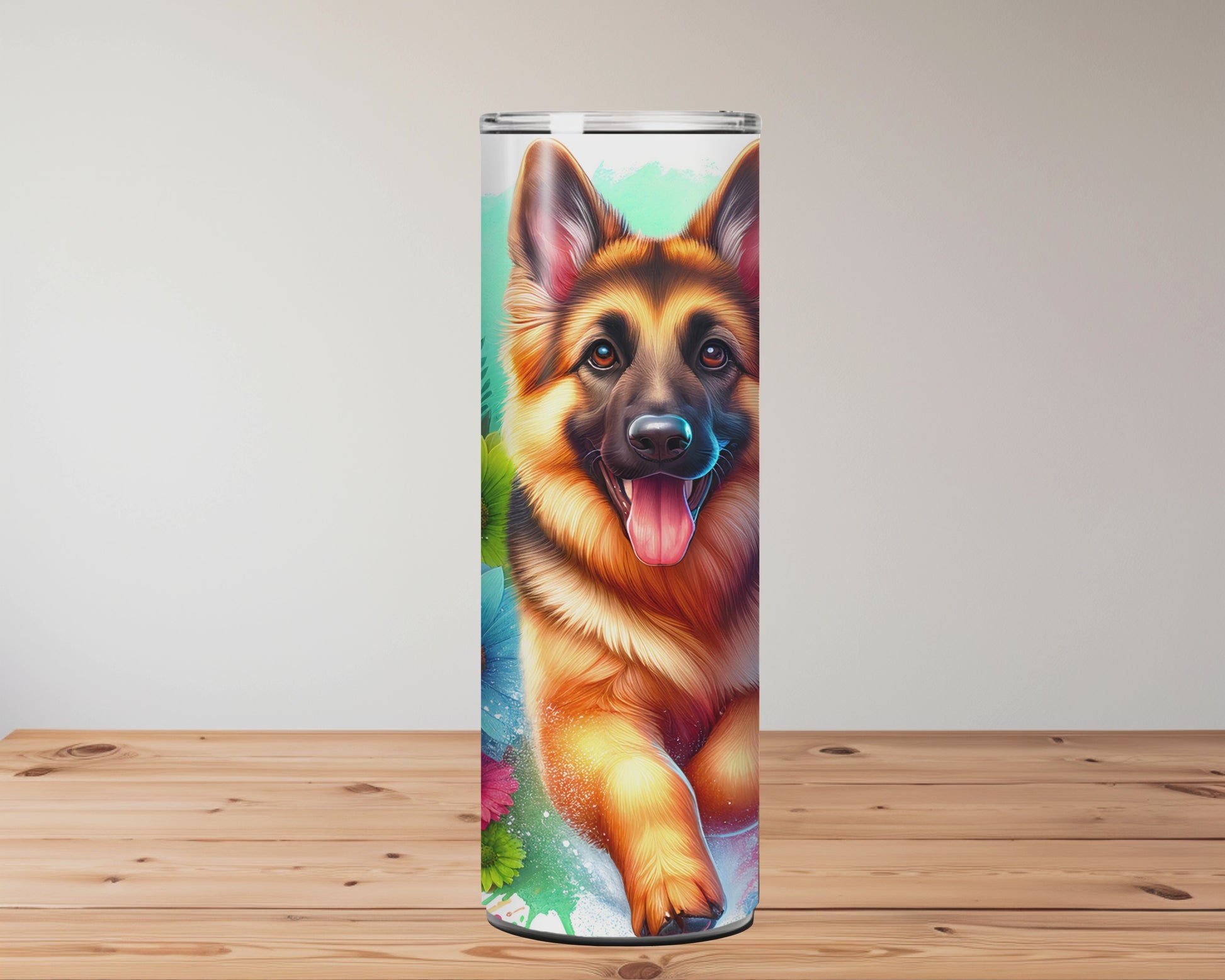 Tumbler with a German Shepherd design on a wooden surface Miss Mafia 