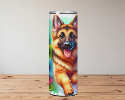 Tumbler with a German Shepherd design on a wooden surface Miss Mafia 