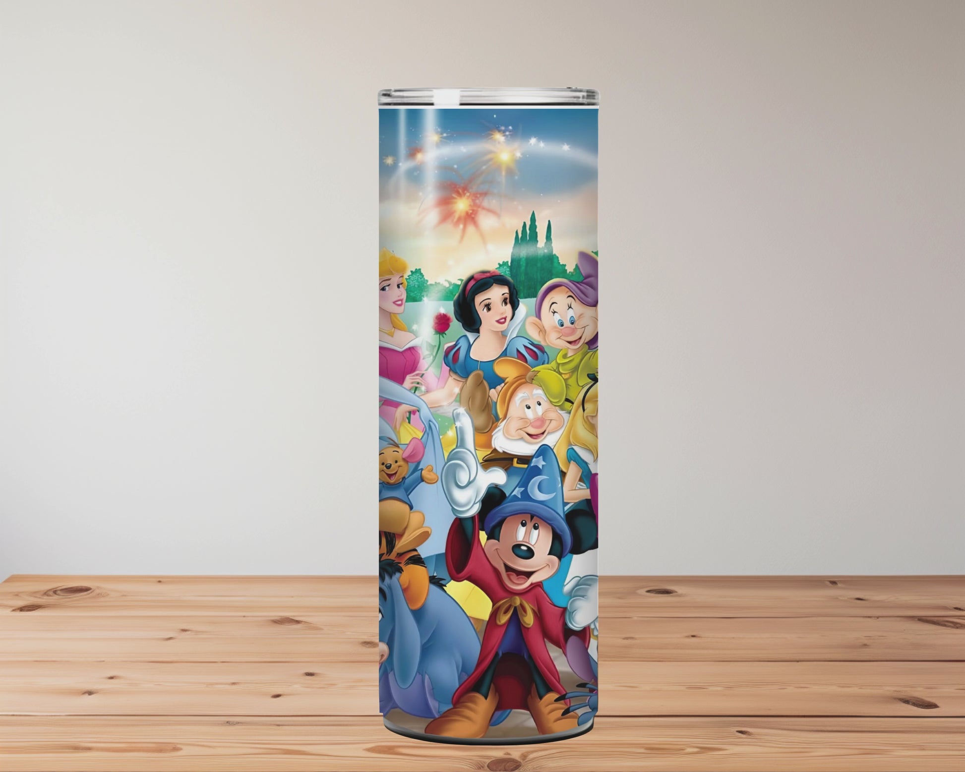 Colourful cans with cartoon characters on a wooden surface with a blurred nature background Miss Mafia